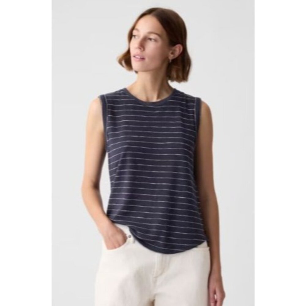 Banana Republic women's Navy  White Striped Tank Top size Large Linen knit
